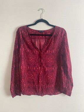 American Eagle Sheer Pink & Burgundy Geometric Long-Sleeve Blouse Size S